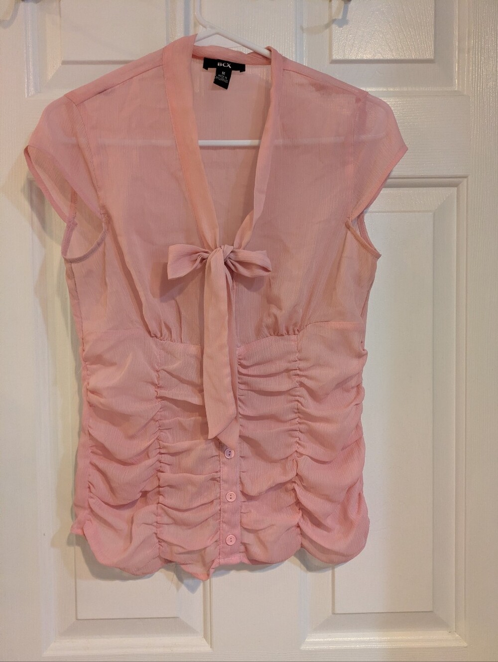 BCX Pink Tie-Neck Ruched Blouse